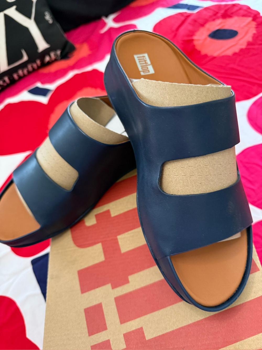 Fitflop Navy Blue Dual-Band Slide Sandals with Tan Footbed